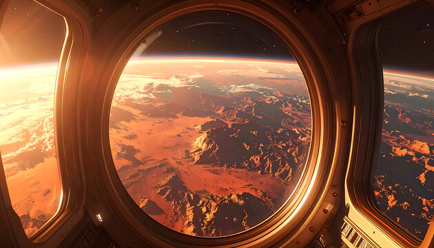 view from spaceship window overlooking planet earth at sunset, orange glow, starry sky above, outer space exploration, cosmic journey