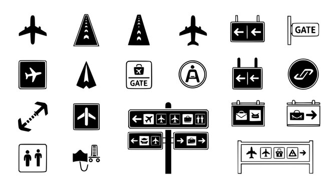 Airport signage and navigation black glyph icon set featuring flight symbols gate directions and terminal wayfinding elements for modern air travel infrastructure design