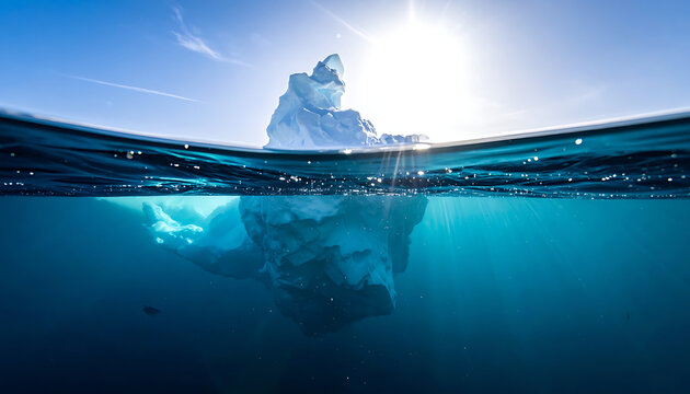 Vast iceberg partially submerged in deep blue ocean water, sun shining brightly overhead, symbolizing hidden depths and immense scale