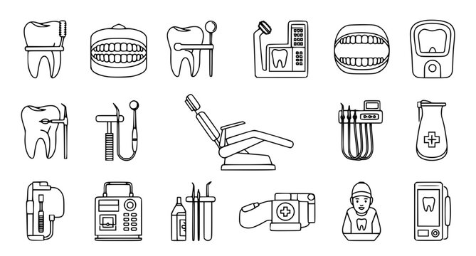 Dental care and dentistry professional equipment line art icon set featuring oral hygiene tools dental chairs and clinic diagnostic instruments for modern practice