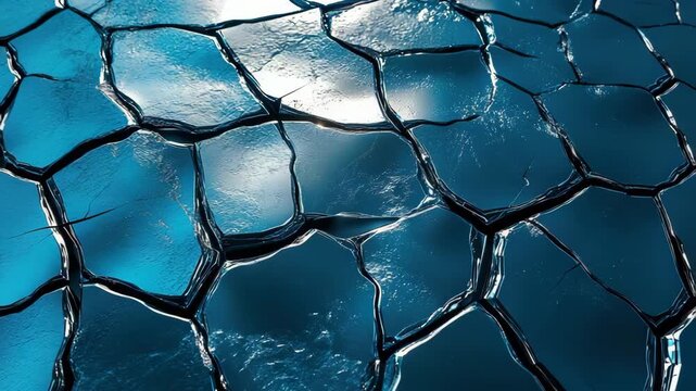 Cracked ice formations create interesting patterns as sunlight shines down on a frozen lake. The ice reflects light and shows the surface design during winter