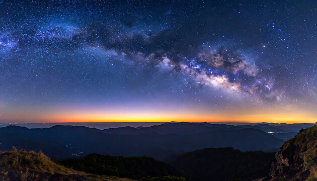 Vast Milky Way galaxy stretches across a starry night sky over silhouetted mountain ranges and a glowing horizon