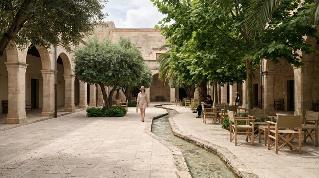 Civic courtyard cooling design with trees water channel and shaded arcades
