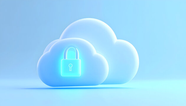 3D blue cloud computing icon with security padlock symbol.