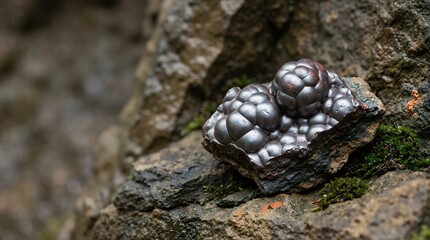 Obraz premium Botryoidal hematite kidney ore mineral specimen on a mossy rock. Metallic dark grey geological sample with bubbly texture