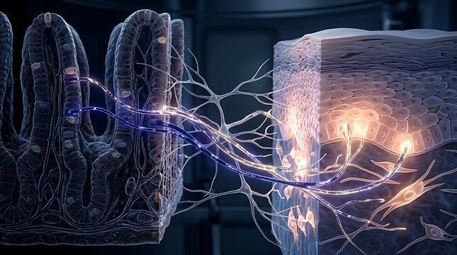 Detailed illustration of neural connections between intestinal villi and skin layers