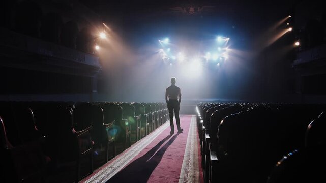 Man Standing Alone in Empty Hall. Self-Reflection and Personal Growth Metaphor