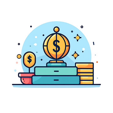 Vector illustration of a golden trophy with a dollar sign, stacked coins, and a money plant, representing financial success and investment growth on a light blue background
