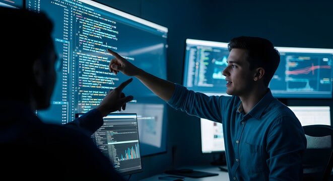 Software developers discussing code on computer monitors