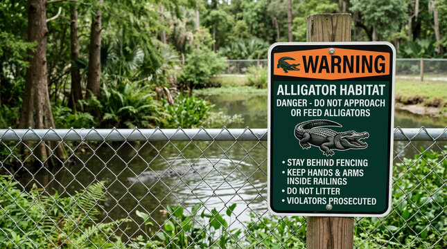 Warning sign at an alligator habitat. Danger do not approach or feed alligators notice on a chain link fence. Swampy pond background with reptile enclosure