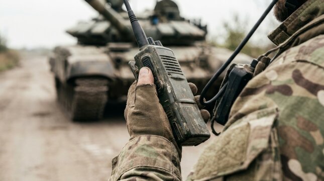 Soldier's gloved hand holding a walkie-talkie with a military tank in the dusty background at sunset