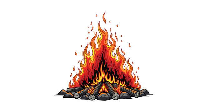 Glowing campfire with bright orange flames burning on wooden logs surrounded by small stones against a white background.