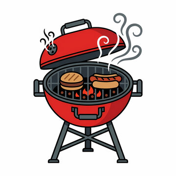 Vibrant red charcoal barbecue grill, cooking hot dogs and hamburgers, summer cookout illustration