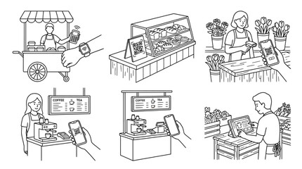 Fototapeta premium Illustrations depicting various small business scenarios utilizing QR codes and digital payment methods for transactions and information display.