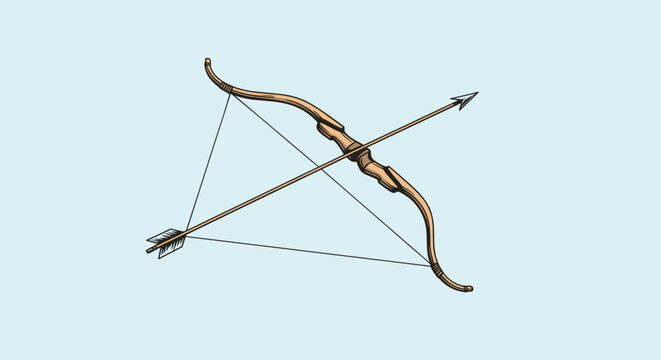 Traditional wooden recurve bow with a nocked arrow ready for release against a light blue background in a classic style.