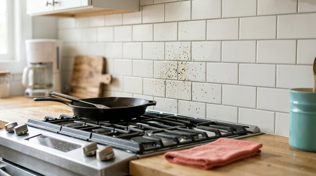 Grease splatter on white subway tile backsplash behind stove. Cast iron skillet on gas range in kitchen. Daily life household chore concept