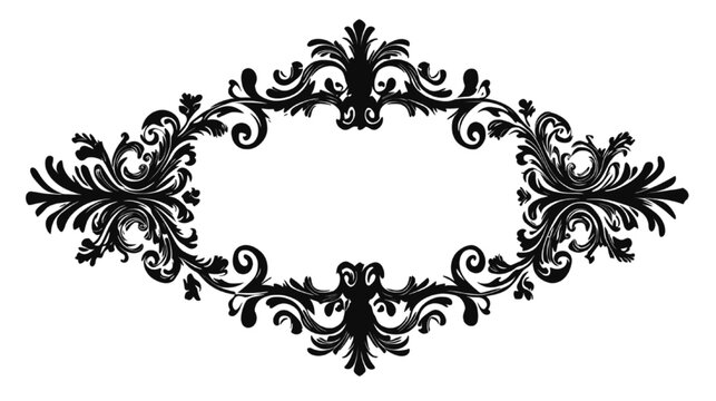 Ornamental border frame features intricate black filigree scrollwork patterns arranged in a classic oval shape against a stark white background, providing an elegant design element for digital.