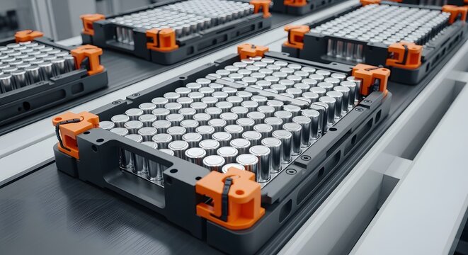 Lithium ion battery modules on assembly line