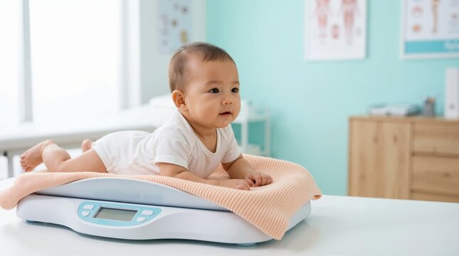 Infant lying on a digital scale during a medical checkup. Baby growth and weight monitoring in a pediatric clinic