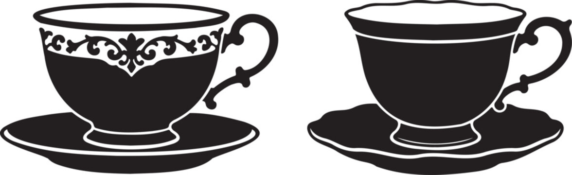 tea cup saucer icon collection, black ceramic teacup vector set, vintage tea symbol design