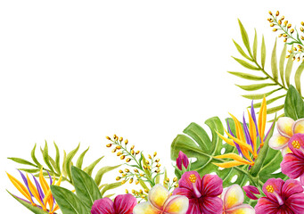 Tropical flowers corner frame. Floral tropics ornament. Watercolor painting with pink Hibiscus flowers and palm leaves. Tropic summer composition. © Marisha