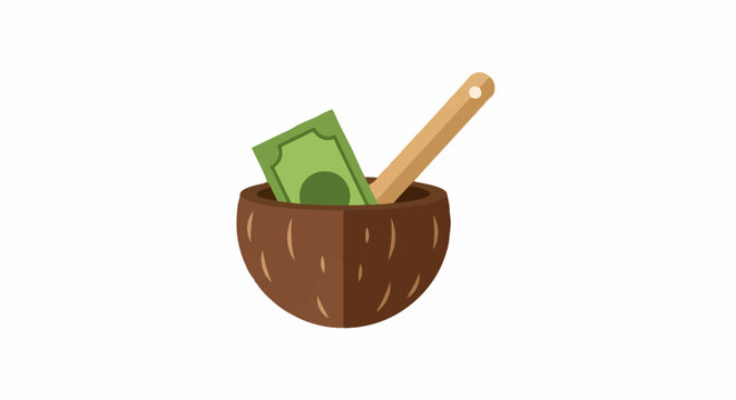 Coconut shell filled with rolled money and wooden spoon.