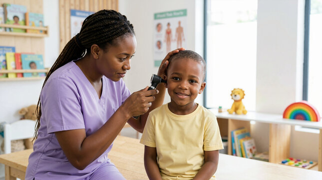 Female Black pediatrician using otoscope to check young boy's ear. African American doctor examining child patient in a friendly clinic. Pediatric healthcare and checkup concept