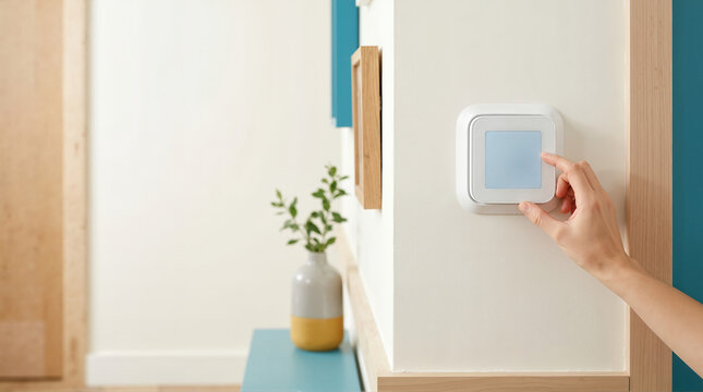 Hand adjusting a programmable thermostat on a white wall. Setting temperature on smart home controller