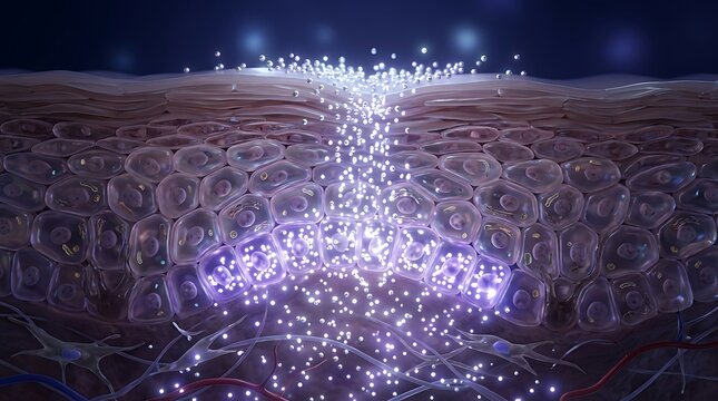 3d illustration of skin layers with glowing particles penetrating the epidermis for skincare or medical treatment