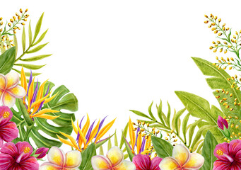Tropical flowers and greenery frame. Hand drawn watercolor painting with Hibiscus flowers and palm leaves. © Marisha
