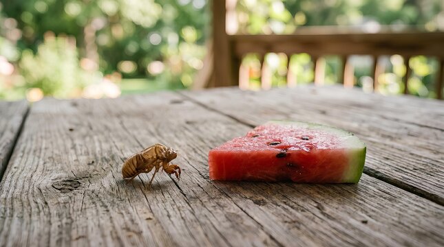 日本の田舎の夏・縁側のスイカと蝉の抜け殻