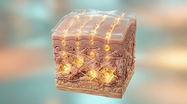 3d illustration of skin layers with serum or oil drops penetrating the epidermis for deep hydration and rejuvenation