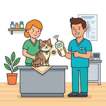 Veterinarians checking microchipped cat in clinic. Pet identification and health care concept. Flat design vector illustration