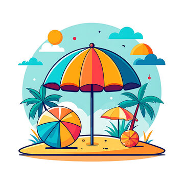 Vibrant beach scene with large umbrella, beach ball, and palm trees on a sandy island under a cloudy sky, vacation and summer concept