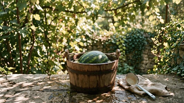 日本の夏の風物詩・庭の木樽で冷やされる丸ごとスイカ