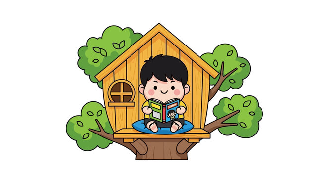 Young boy reading book in cozy treehouse outdoors.
