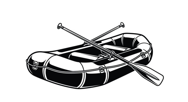 Black inflatable rubber boat or raft with two oars crossed over the top ready for a river adventure or emergency rescue.