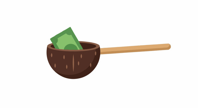 Coconut shell spoon with green leaf and wooden handle.