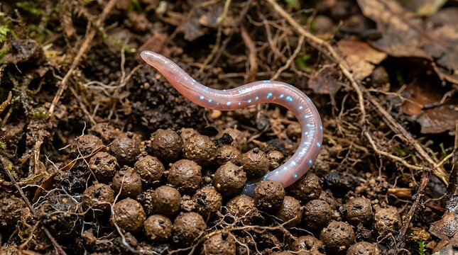 A rare bioluminescent earthworm, diplotrema sp, glowing with blue spots on its body, emerging from soil in the rainforest of australia
