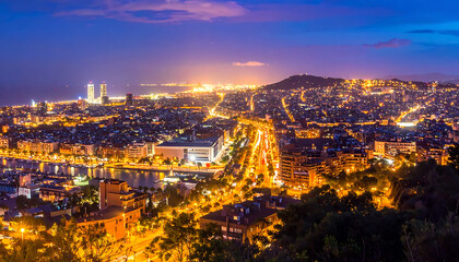 Obraz premium Vibrant city skyline at dusk, illuminated by countless lights, coastal city, urban sprawl, aerial view