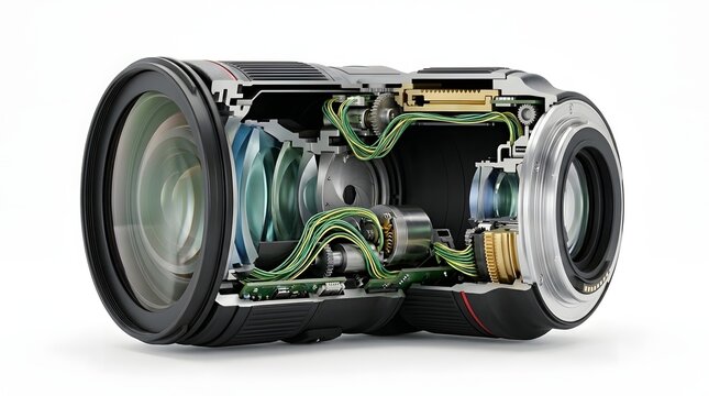 Detailed cutaway view of a modern camera lens, revealing intricate internal optical elements, electronic circuits, and mechanical components, isolated on white background