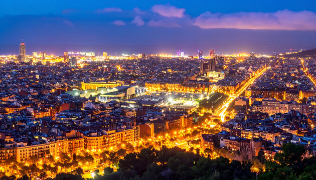 Vibrant cityscape at dusk, sprawling urban lights, dense city skyline, traffic trails, energetic atmosphere