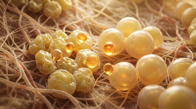 Microscopic 3d render of shrinking and healthy fat cells with lipid droplets on collagen fiber network, skin care concept