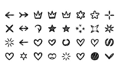 Naklejka premium Hand drawn doodle collection with arrows crowns stars hearts and other symbols