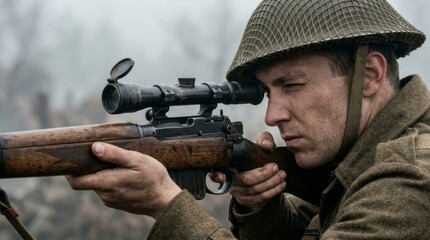 Fototapeta premium Soldier in a world war i helmet aiming a sniper rifle in a foggy battlefield