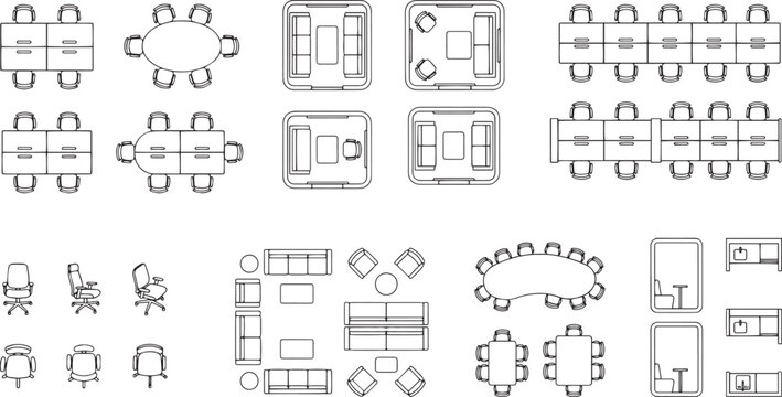 Office furniture top view icons set for workplace floor plan layouts and corporate interior design drafting.