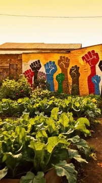 Mandela Day South Africa community garden at golden hour, flourishing raised beds, colourful mural wall, no people, cinematic scenic b-roll, Ubuntu community July 18