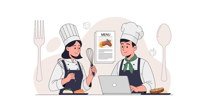 Chefs planning menu on laptop, vector illustration of culinary team and restaurant concept