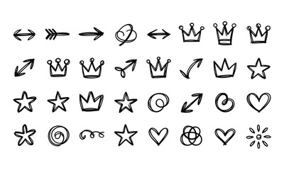 Naklejka premium Hand drawn doodle set with arrows crowns stars hearts and abstract shapes