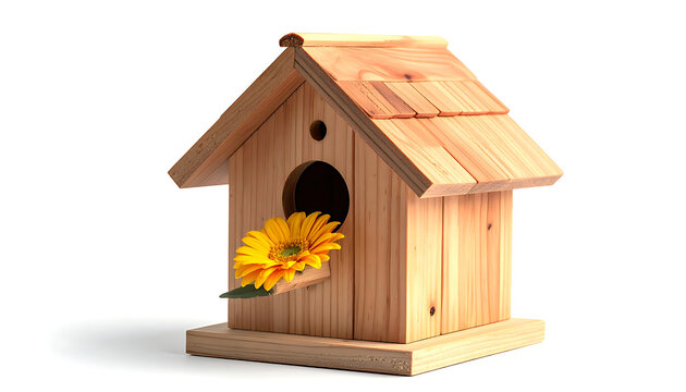 Wooden birdhouse with a bright yellow gerbera daisy emerging from the entrance hole, clean isolated studio shot